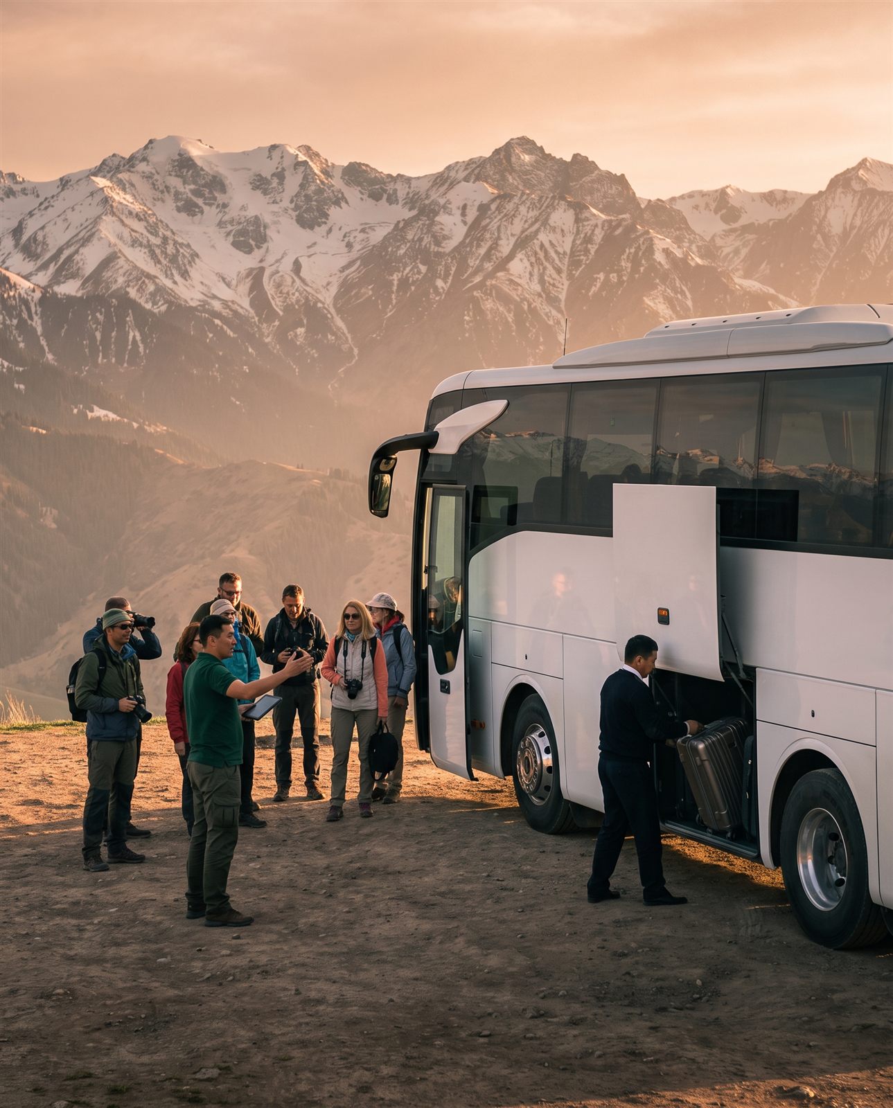 Tourist group by the coach in the Kazakh mountains