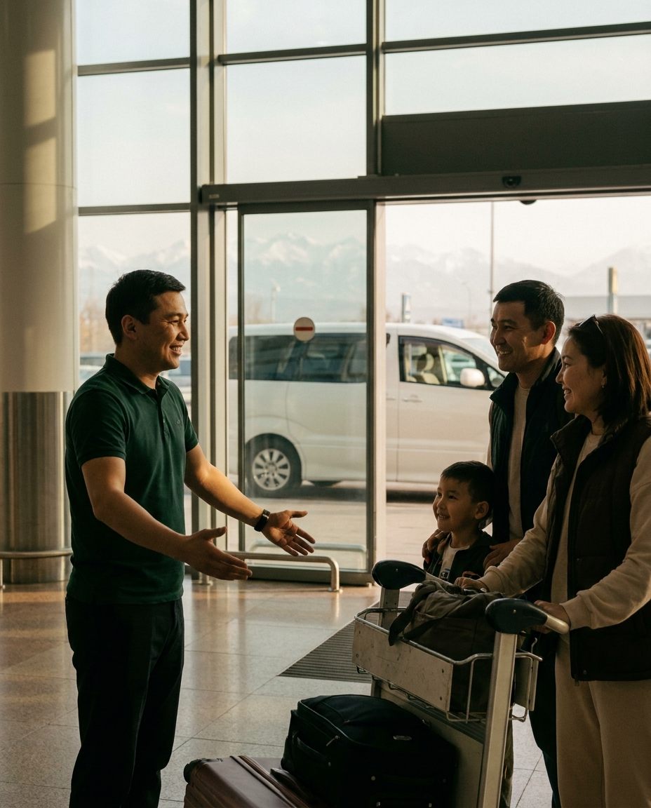 Guide meeting guests at Almaty airport