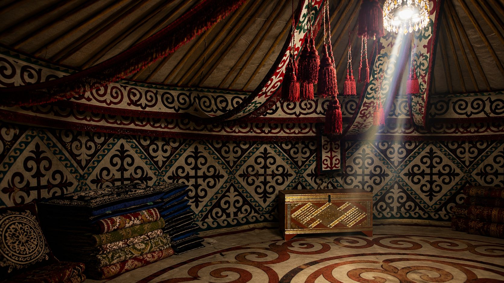 Yurt interior with carpets